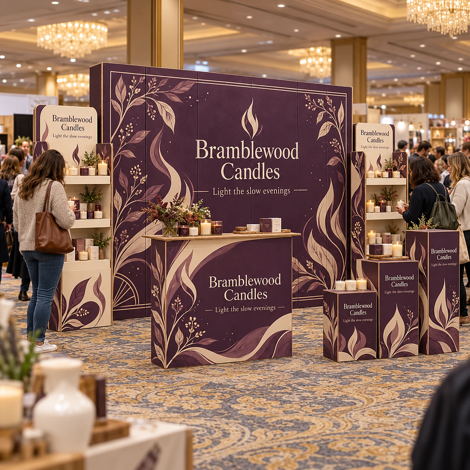 3m x 3m Cardboard Product Showcase Stand Kit with an example design, in use at a busy indoor gift and home show in a hotel ballroom with patterned carpet and chandeliers