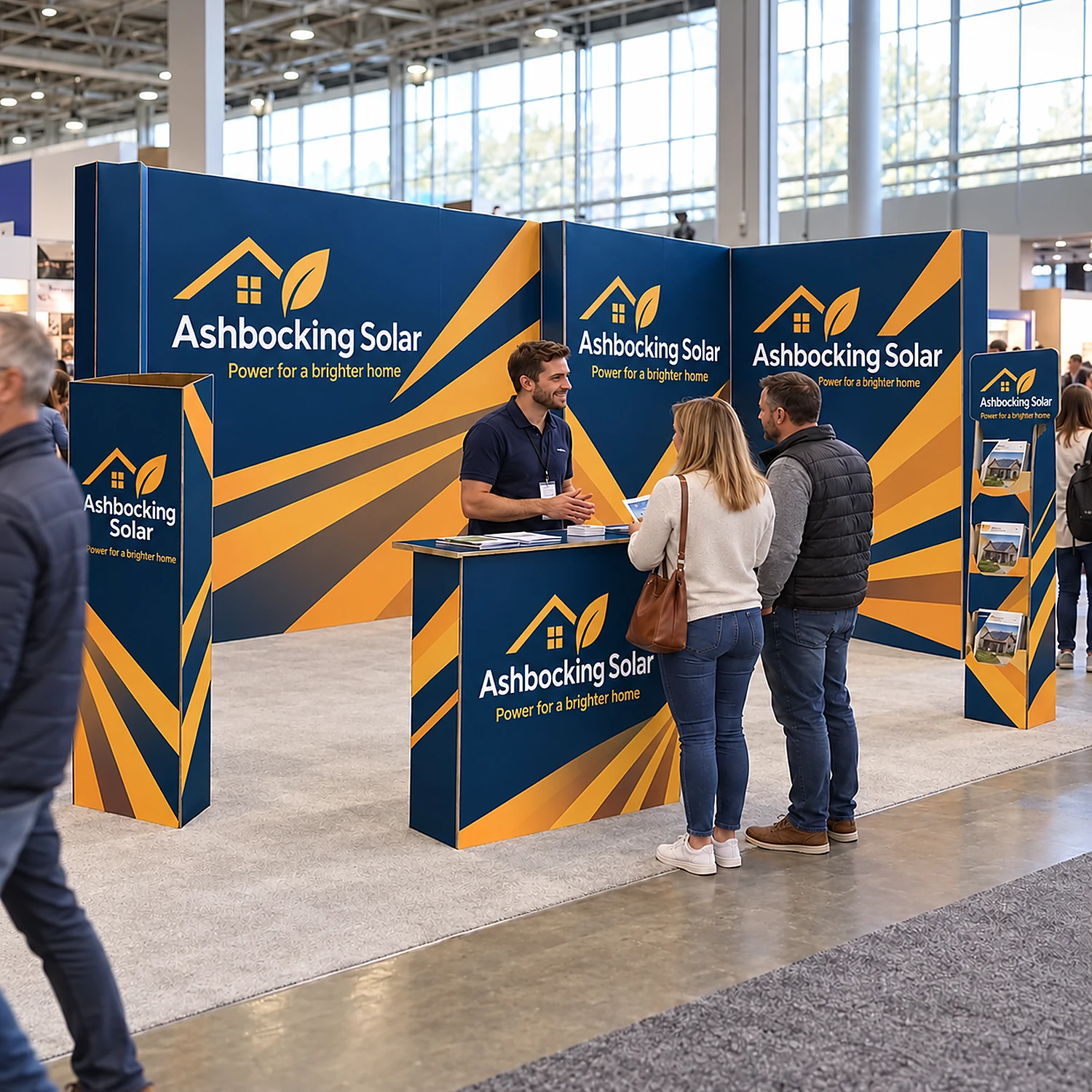 3m x 6m Cardboard Exhibition Stand Kit - 5.85m Back Wall, 2.67m Side Wall, Counter, Triangle Totem & Literature Dispenser, shown with example artwork