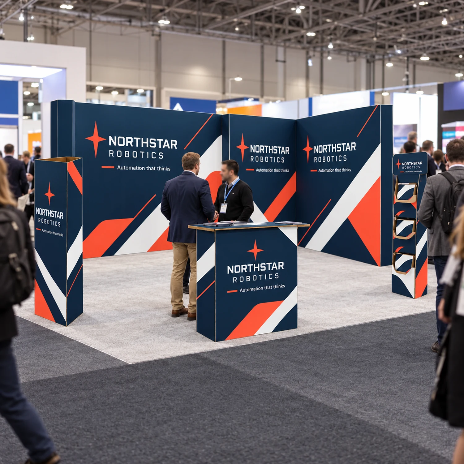3m x 6m Cardboard Exhibition Stand Kit - 5.85m Back Wall, 2.67m Side Wall, Counter, Triangle Totem & Literature Dispenser in use at a trade show, shown with an example design
