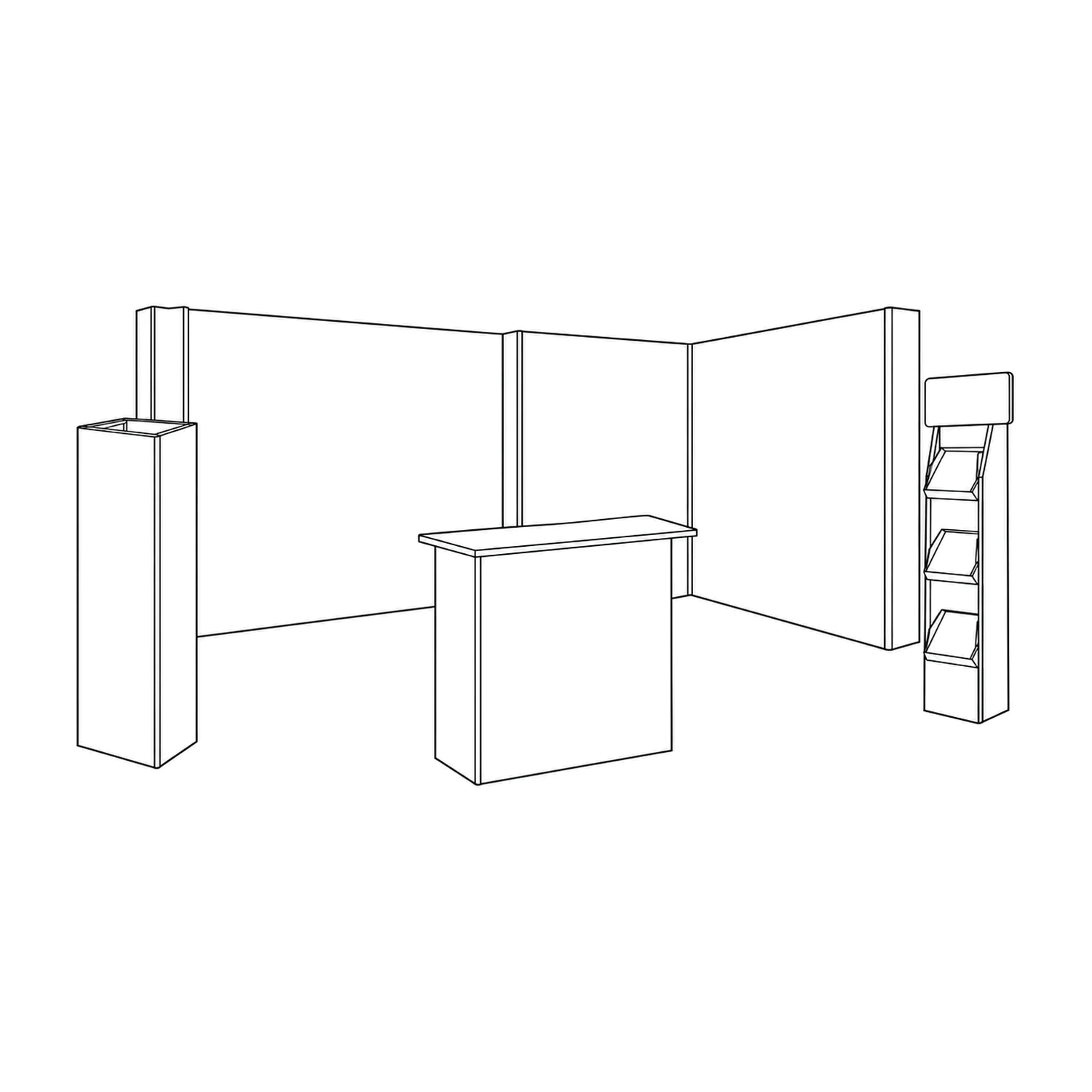 Line drawing of the 3m x 6m Cardboard Exhibition Stand Kit - 5.85m Back Wall, 2.67m Side Wall, Counter, Triangle Totem & Literature Dispenser showing its panels and construction