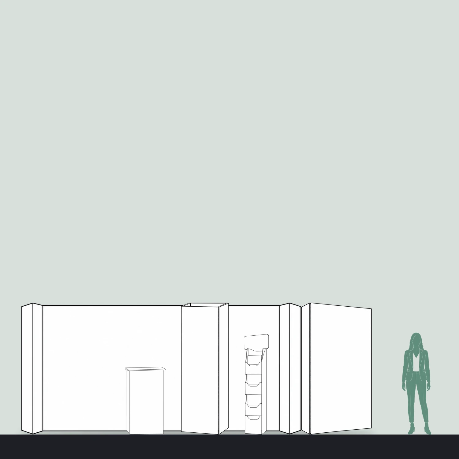 3m x 6m Cardboard Exhibition Stand Kit - 5.85m Back Wall, 2.67m Side Wall, Counter, Triangle Totem & Literature Dispenser shown to scale next to a 1.7m tall person