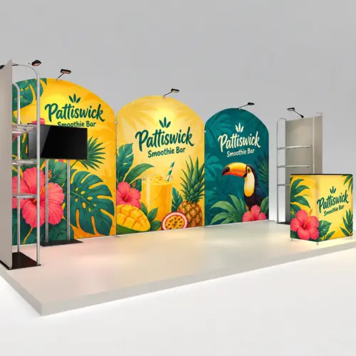 3m x 6m Exhibition Stand Kit with 3 Fabric Walls, Backlit Counter, TV Stand & LED Lights, shown with example artwork