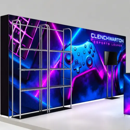 3m x 6m Exhibition Stand Kit with 6m Backlit Wall, Backlit Counter, TV Stand & 6 Shelves, shown with example artwork