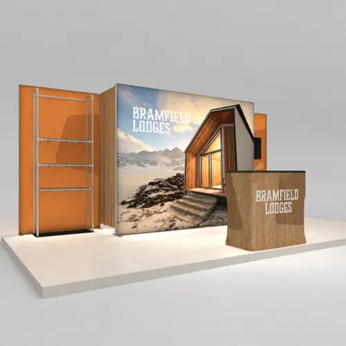 3m x 6m Exhibition Stand Kit with Counter, Shelving & Monitor Mount, shown with example artwork