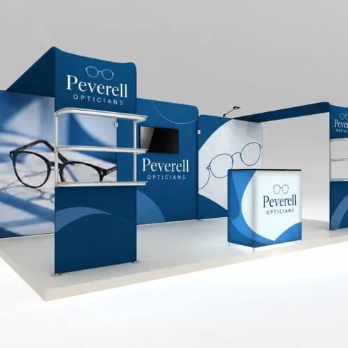 3m x 6m Exhibition Stand Kit with Counter, Waterfall Shelving, Monitor Bracket & LED Light, shown with example artwork