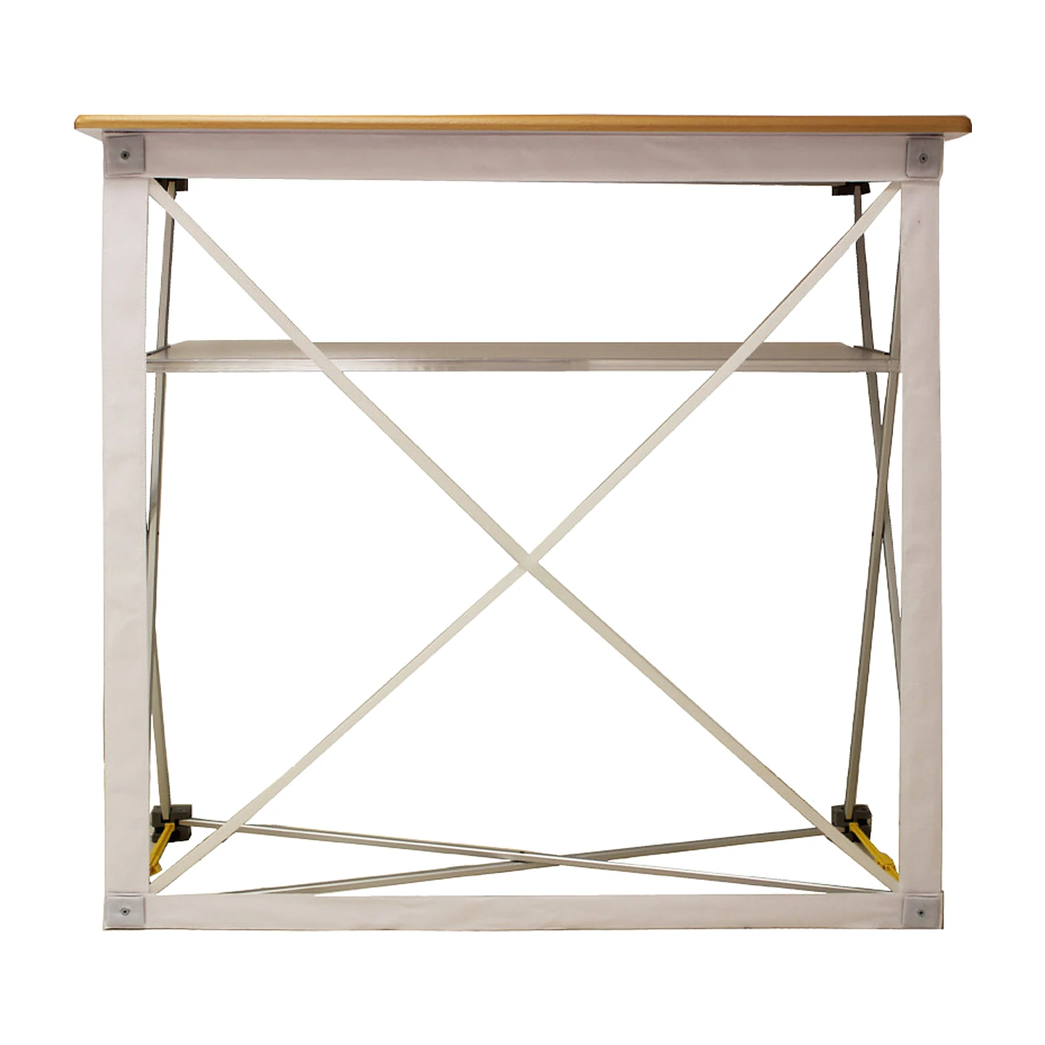 Fabric pop up counter frame with wood-effect top and shelf