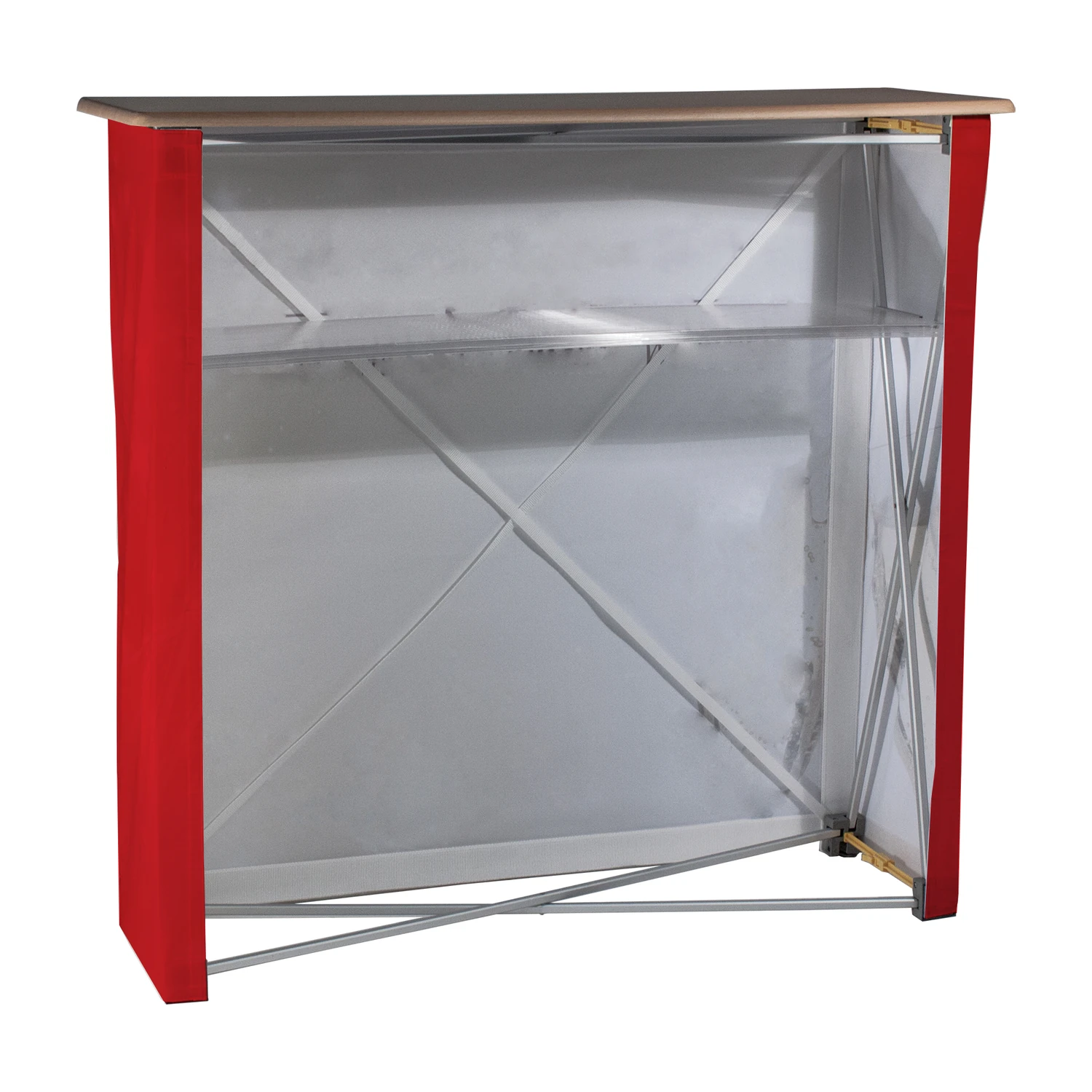 Rear of the fabric pop up counter showing the internal shelf