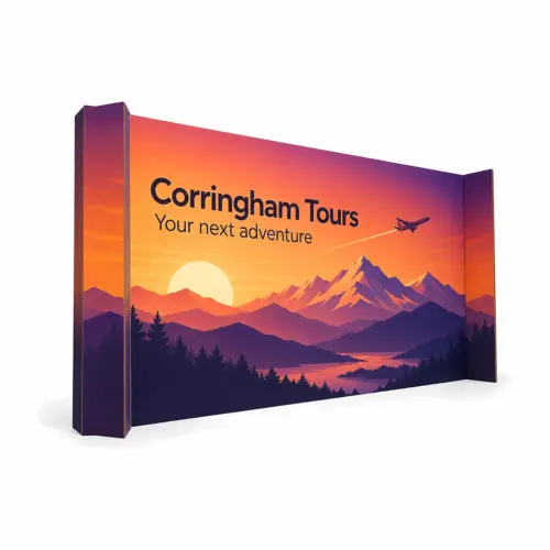 4.17m Cardboard Display Wall with Angled Ends - Single-Sided, shown with example artwork