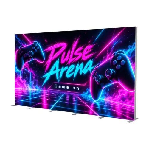 4.85m x 2.39m Illumigo Modular Freestanding LED Lightbox Wall with example artwork