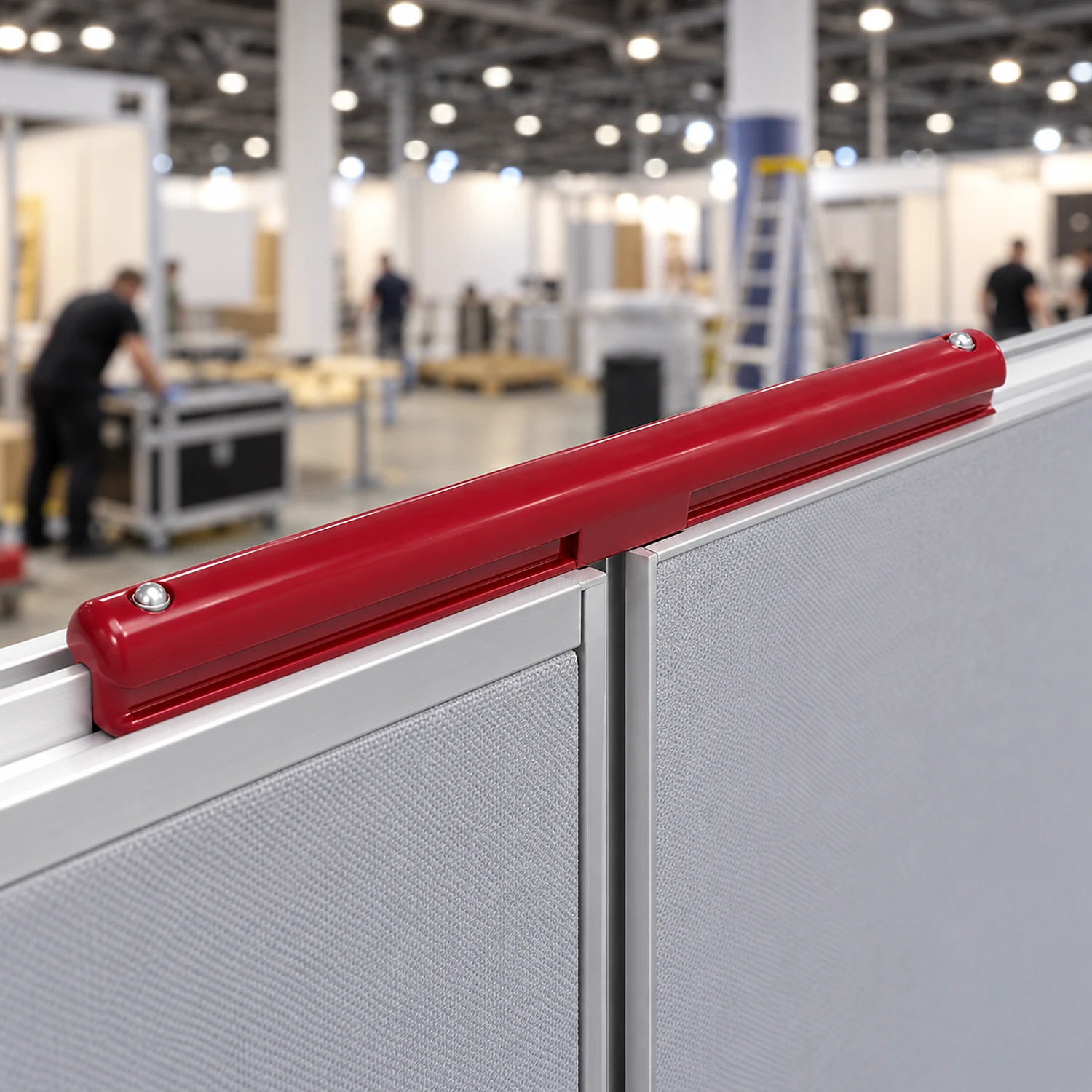 Red 4-way connector along the top of frames in a straight wall