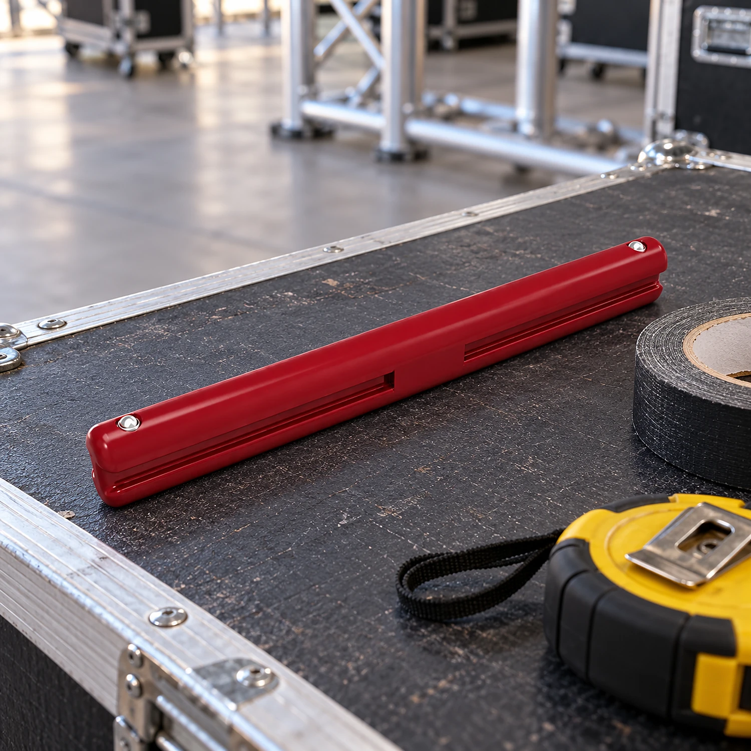 Red 4-way frame connector on a flight case lid