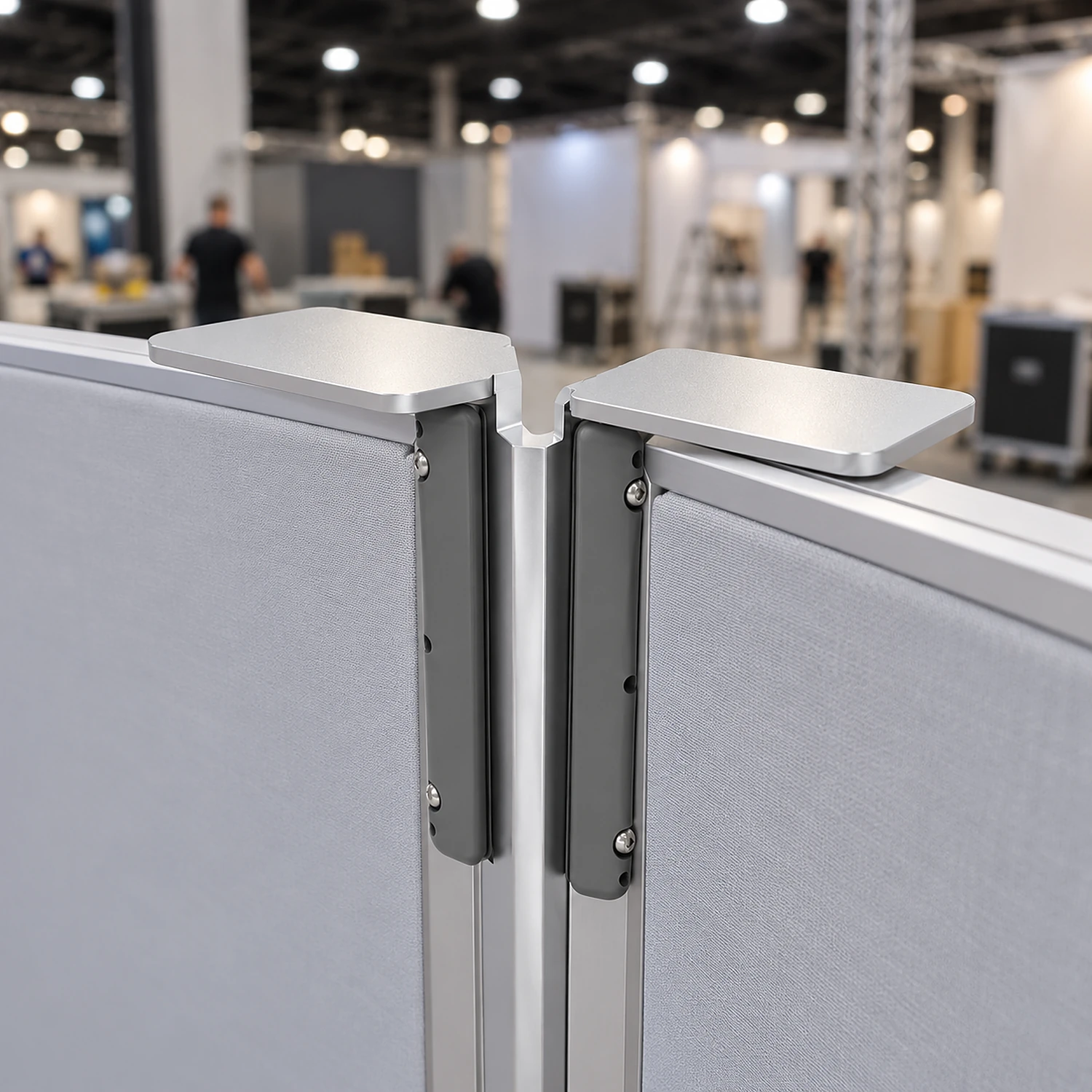 Top connector joining two fabric frames at a 45 degree angle