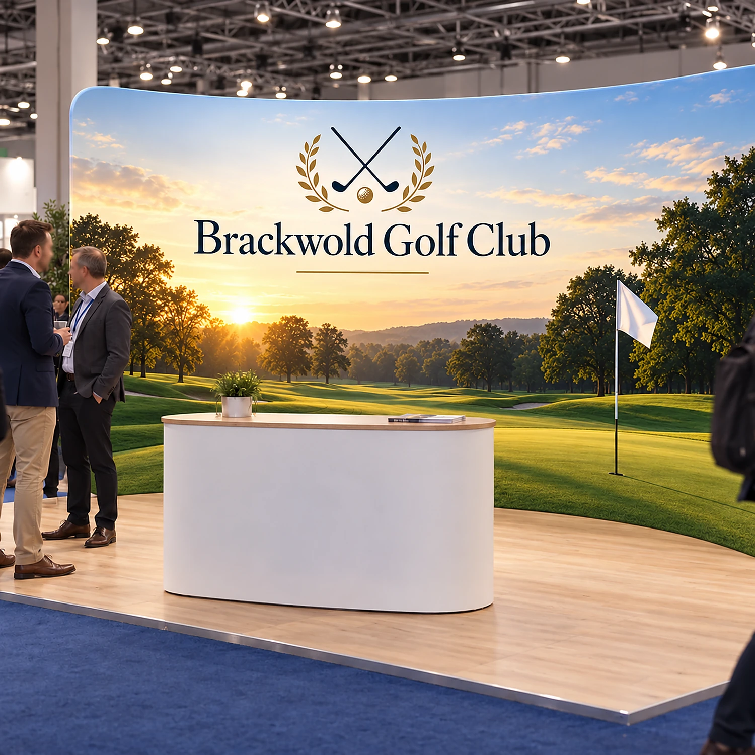 4m Curved Stretch Fabric Display Wall - Double-Sided, shown with example artwork