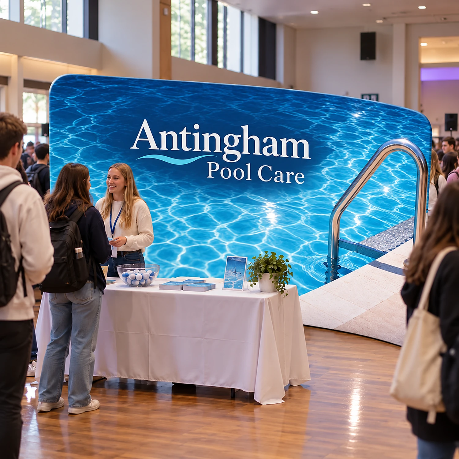 4m Curved Stretch Fabric Display Wall - Double-Sided, shown with example artwork