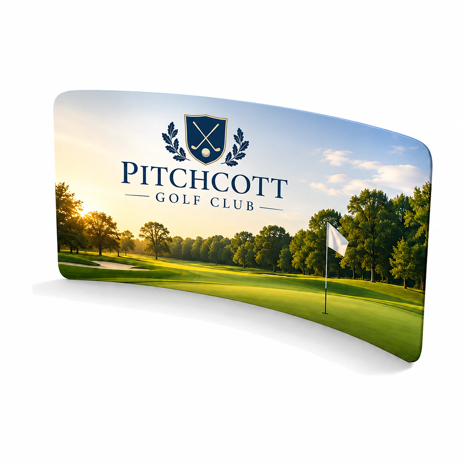 4m Curved Stretch Fabric Display Wall - Double-Sided, shown with example artwork