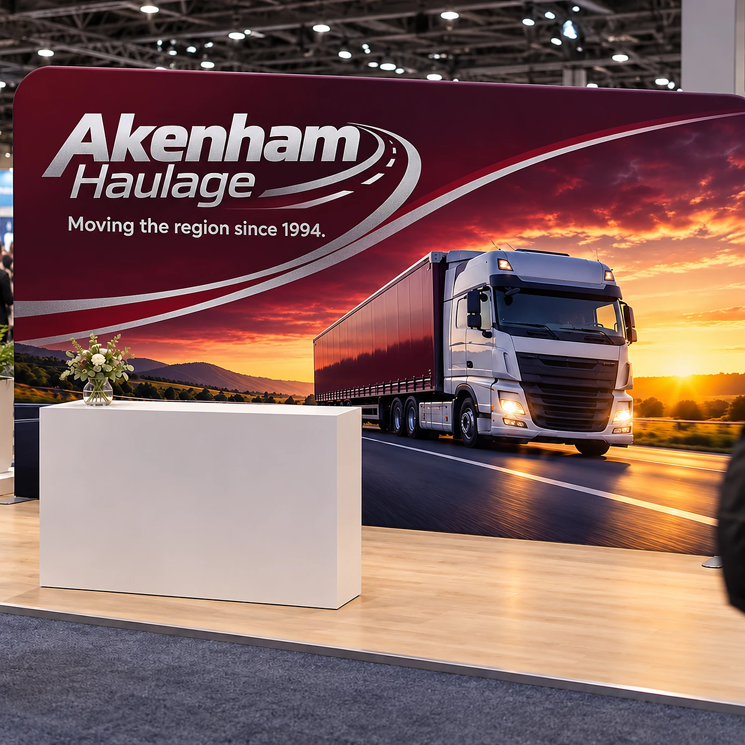 4m Straight Stretch Fabric Display Wall - Double-Sided, shown with example artwork