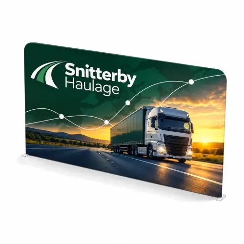 4m Straight Stretch Fabric Display Wall - Double-Sided, shown with example artwork
