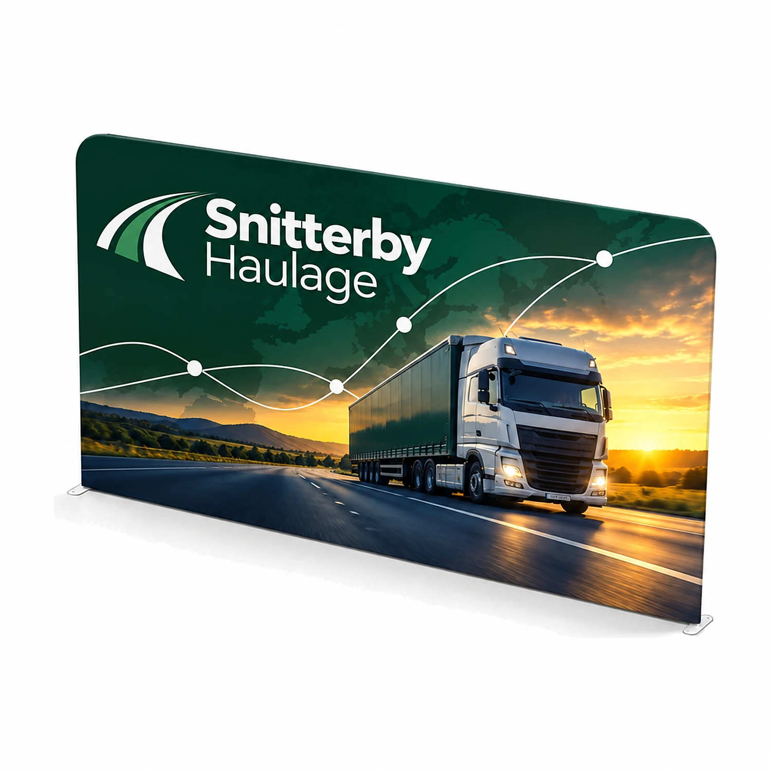 4m Straight Stretch Fabric Display Wall - Double-Sided, shown with example artwork