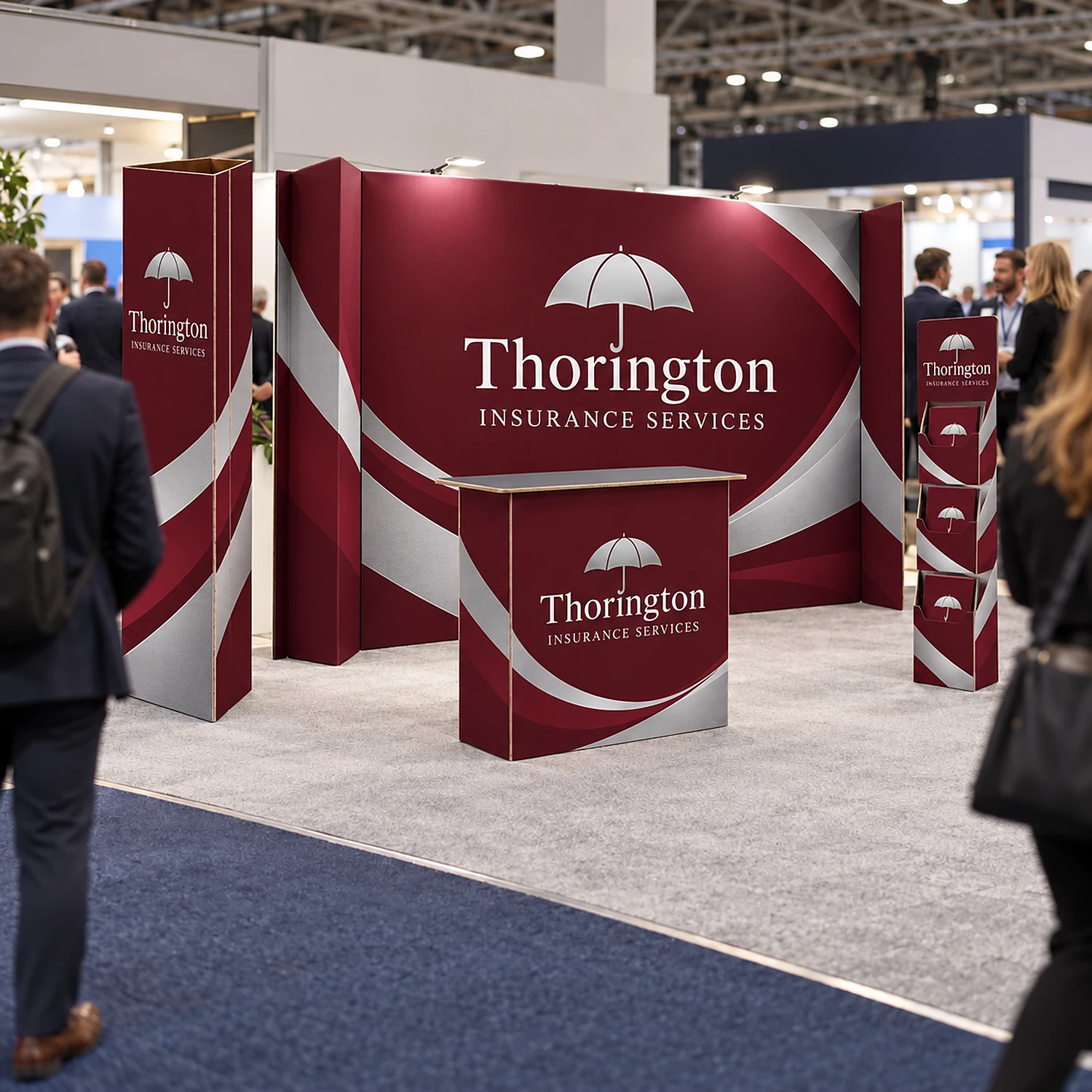 4m x 3m Cardboard Exhibition Stand Kit - 3.67m Wall, Counter, Triangle Totem & Literature Dispenser, shown with example artwork