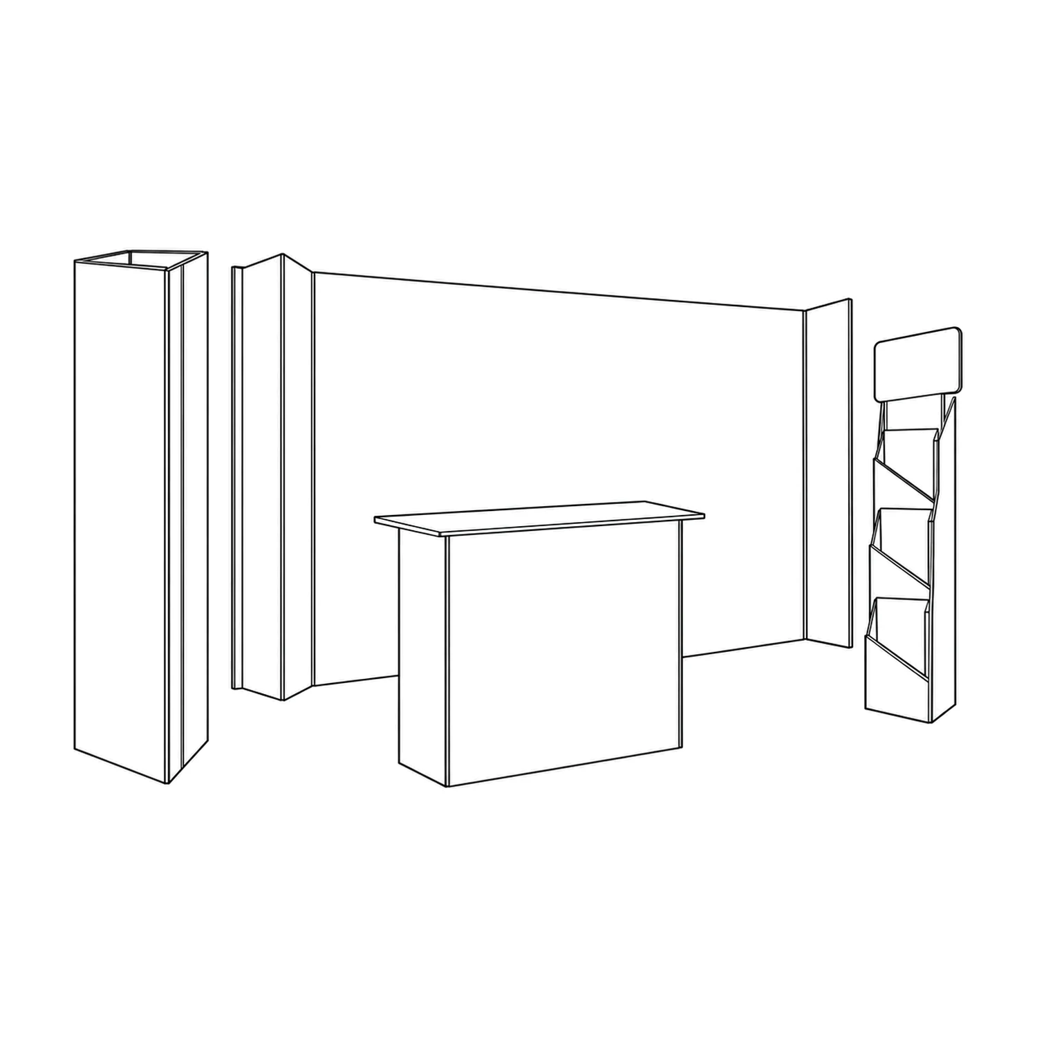 Line drawing of the 4m x 3m Cardboard Exhibition Stand Kit - 3.67m Wall, Counter, Triangle Totem & Literature Dispenser showing its panels and construction