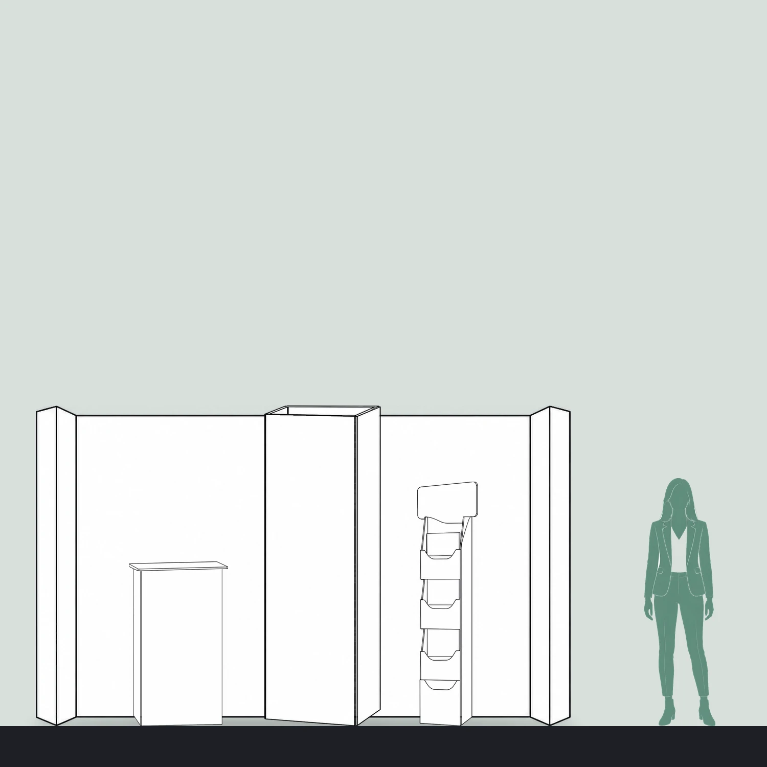 4m x 3m Cardboard Exhibition Stand Kit - 3.67m Wall, Counter, Triangle Totem & Literature Dispenser shown to scale next to a 1.7m tall person