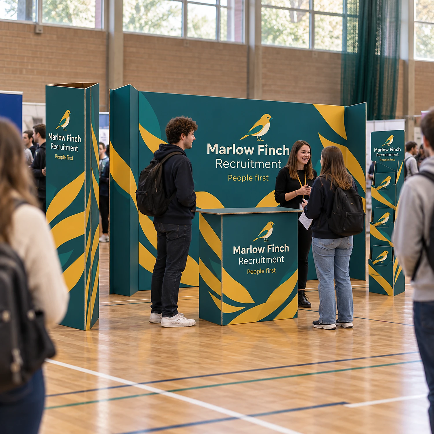 4m x 3m Cardboard Exhibition Stand Kit with an example design, in use at a university sports-hall careers fair with students in casual clothes