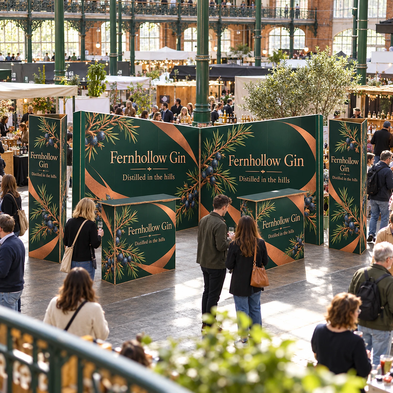 4m x 4m Cardboard Island Stand Kit with an example design, in use at an indoor food and drink festival in a Victorian iron-and-glass market hall