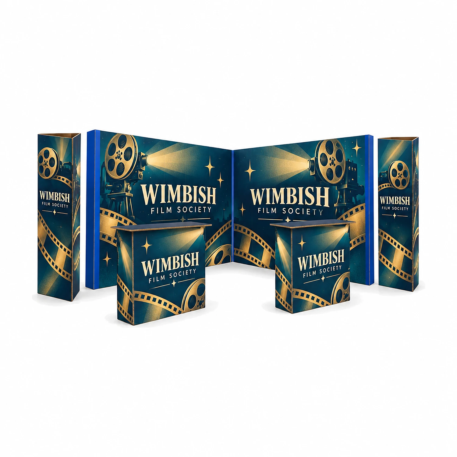 4m x 4m Cardboard Island Stand Kit - Two 3.17m Double-Sided Walls, Two Counters & Two Triangle Totems, shown with example artwork