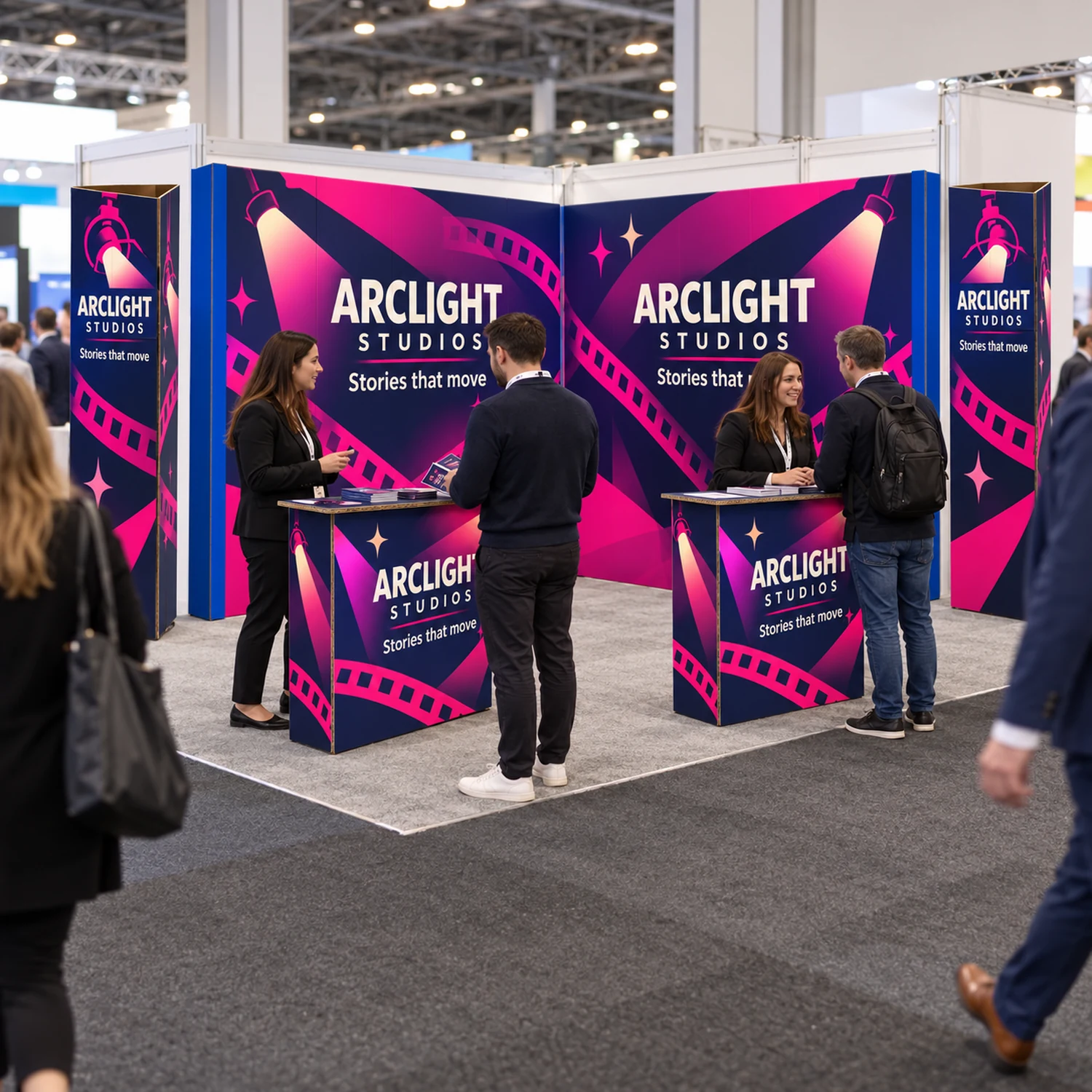 4m x 4m Cardboard Island Stand Kit - Two 3.17m Double-Sided Walls, Two Counters & Two Triangle Totems in use at a trade show, shown with an example design