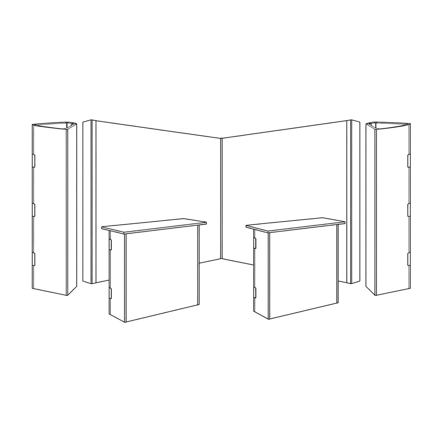 Line drawing of the 4m x 4m Cardboard Island Stand Kit - Two 3.17m Double-Sided Walls, Two Counters & Two Triangle Totems showing its panels and construction