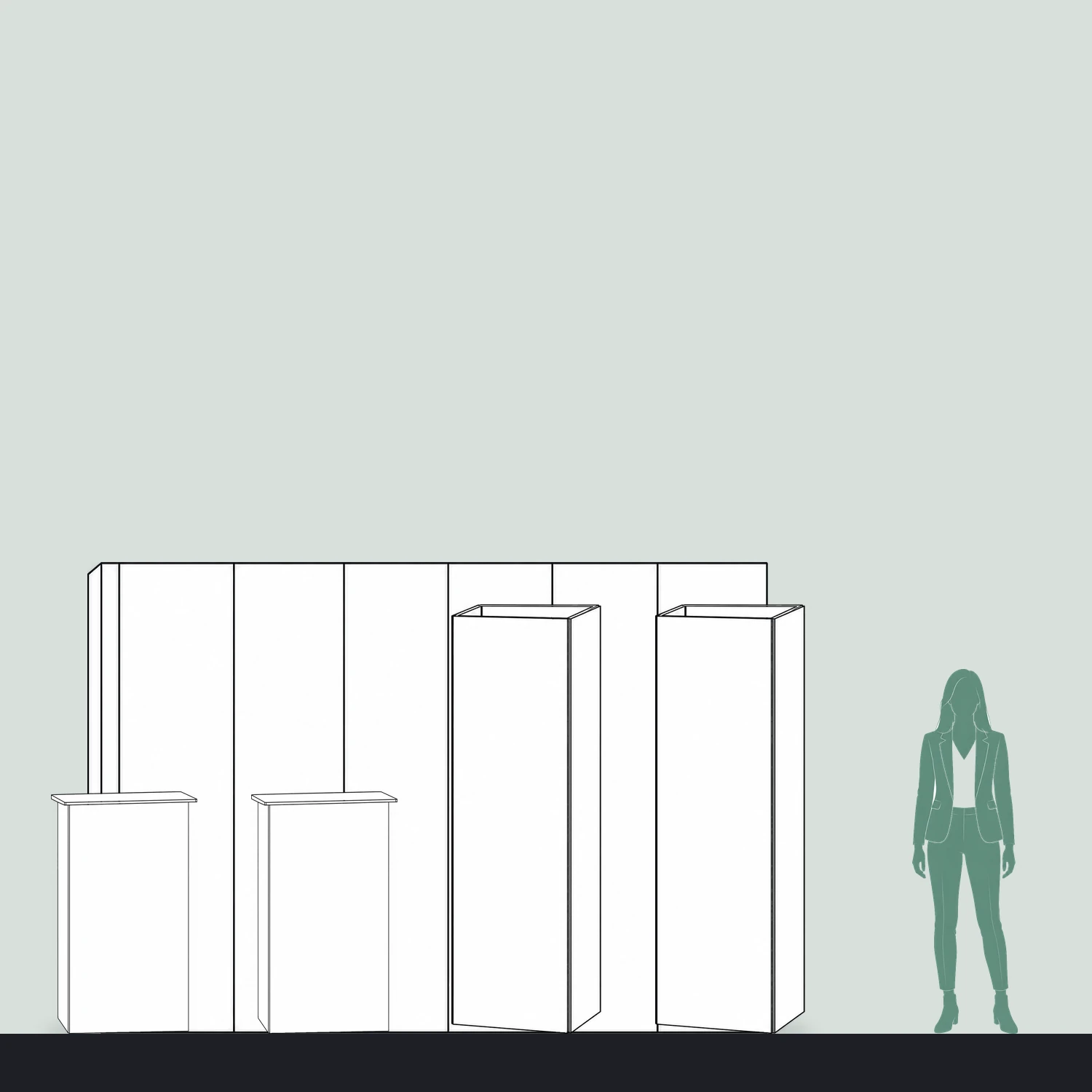 4m x 4m Cardboard Island Stand Kit - Two 3.17m Double-Sided Walls, Two Counters & Two Triangle Totems shown to scale next to a 1.7m tall person