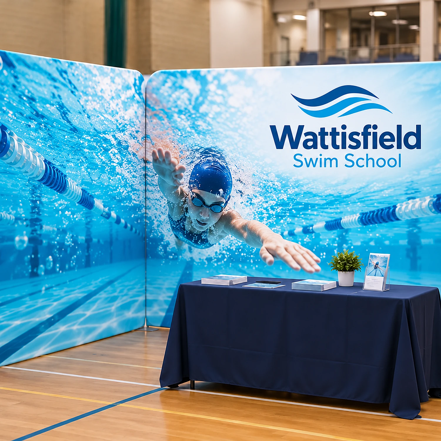 4m x 4m Stretch Fabric Wall Set - Back Wall and One Side Wall, shown with example artwork