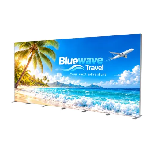 5.85m x 2.39m Illumigo Modular Freestanding LED Lightbox Wall with example artwork