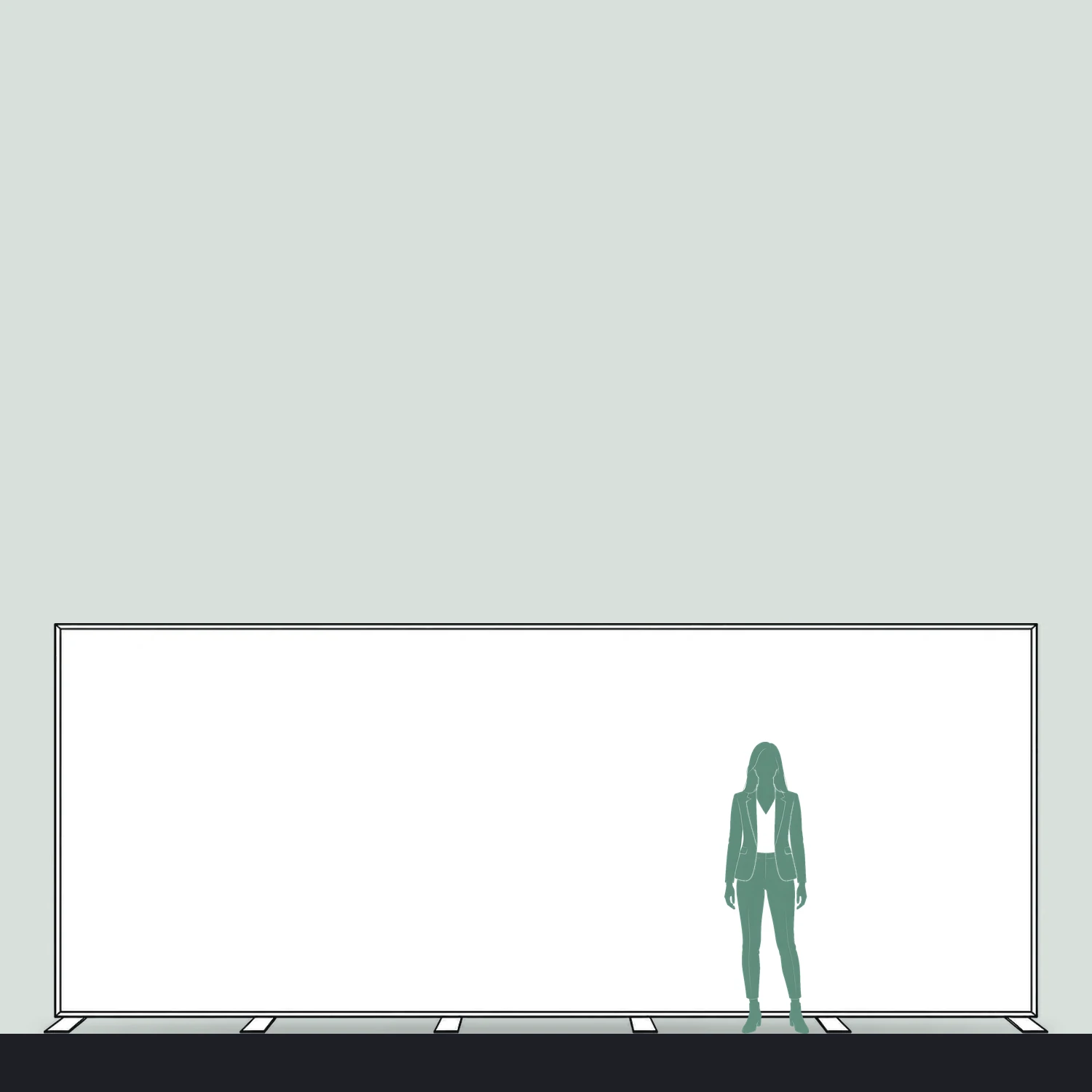 5.85m x 2.39m Illumigo Modular Freestanding LED Lightbox Wall size compared with a person