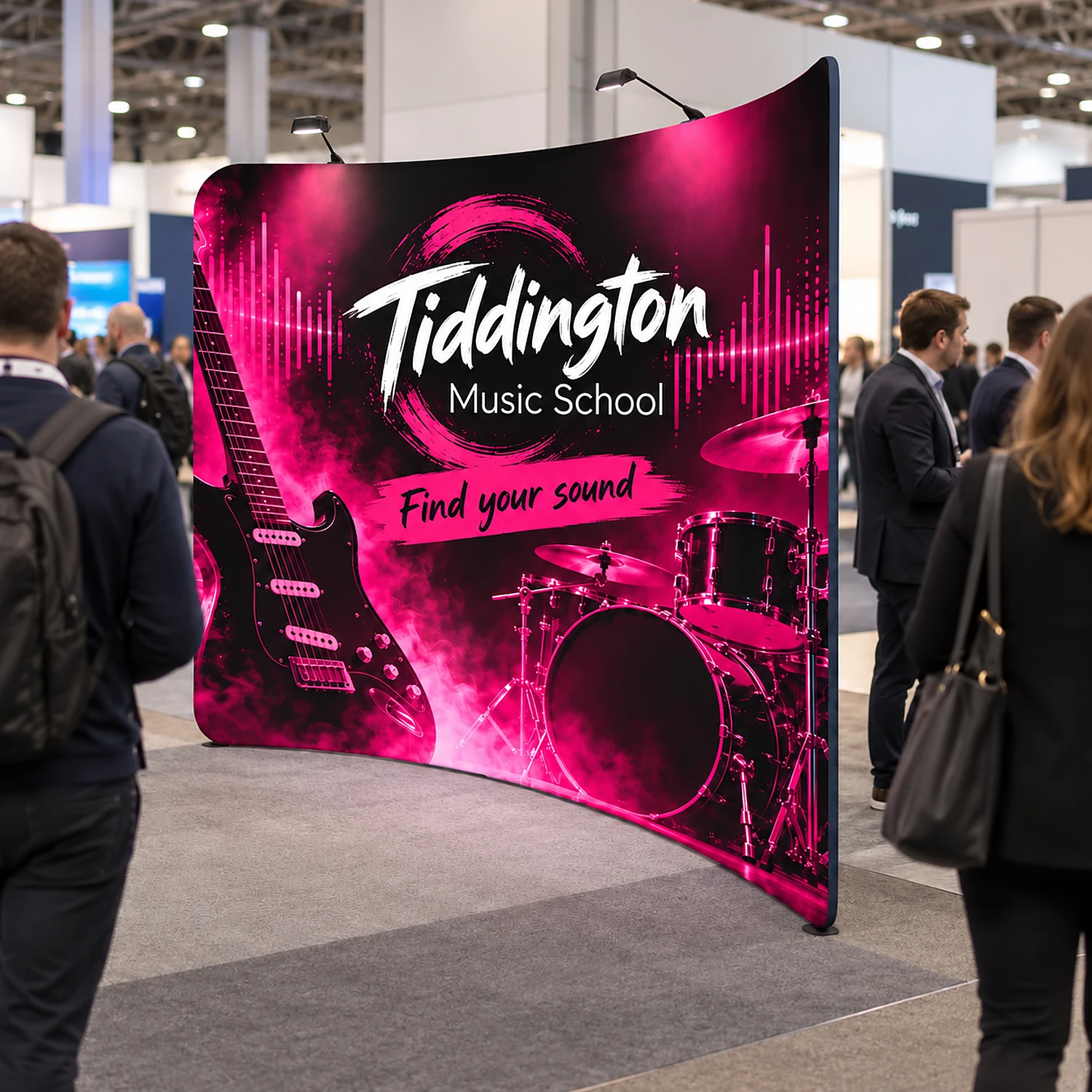 5.9m Formulate Curved Fabric Display Wall - Double-Sided, shown with example artwork