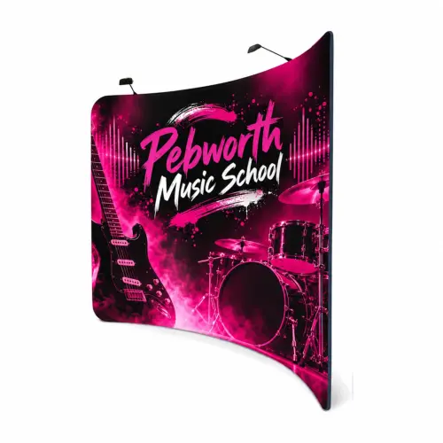 5.9m Formulate Curved Fabric Display Wall - Double-Sided, shown with example artwork