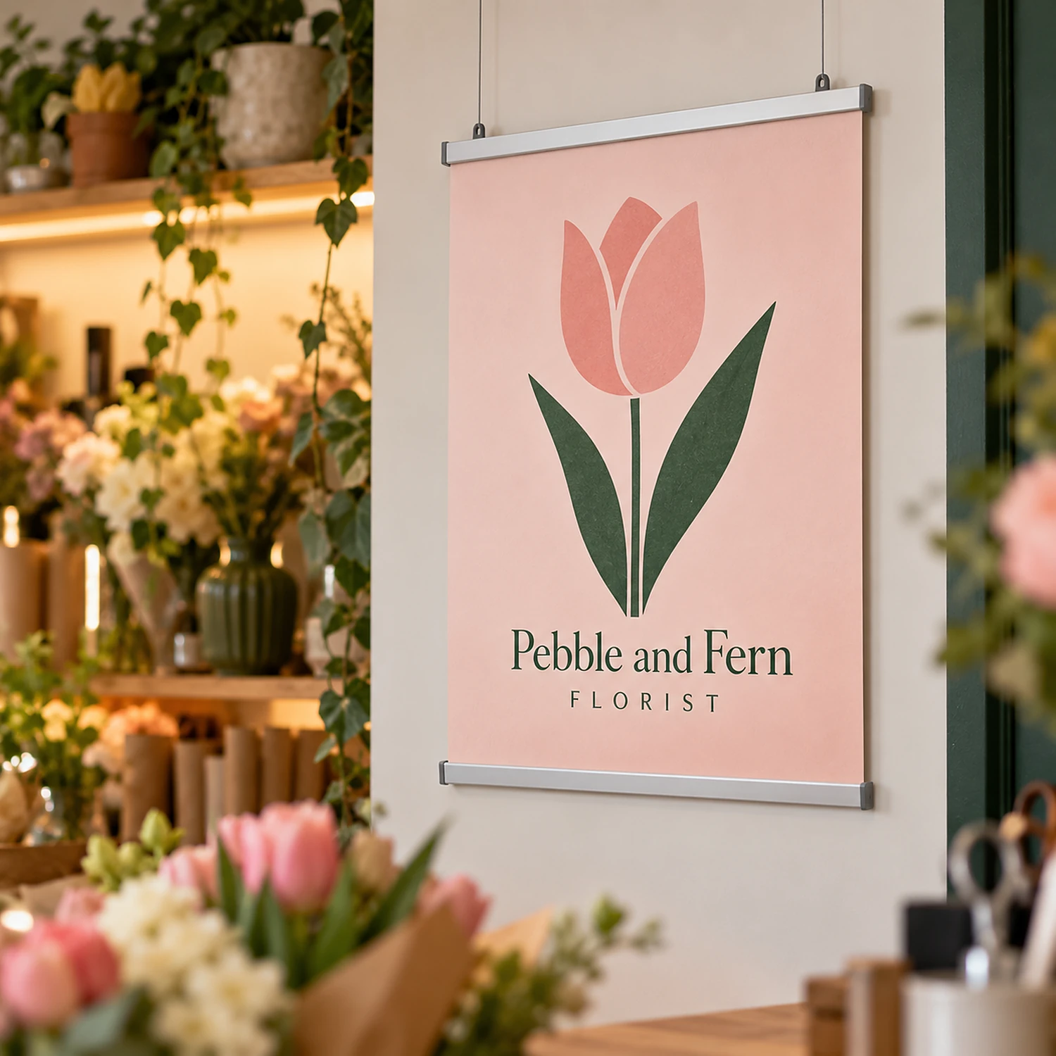 500mm poster hanging rail set holding a poster in a florist