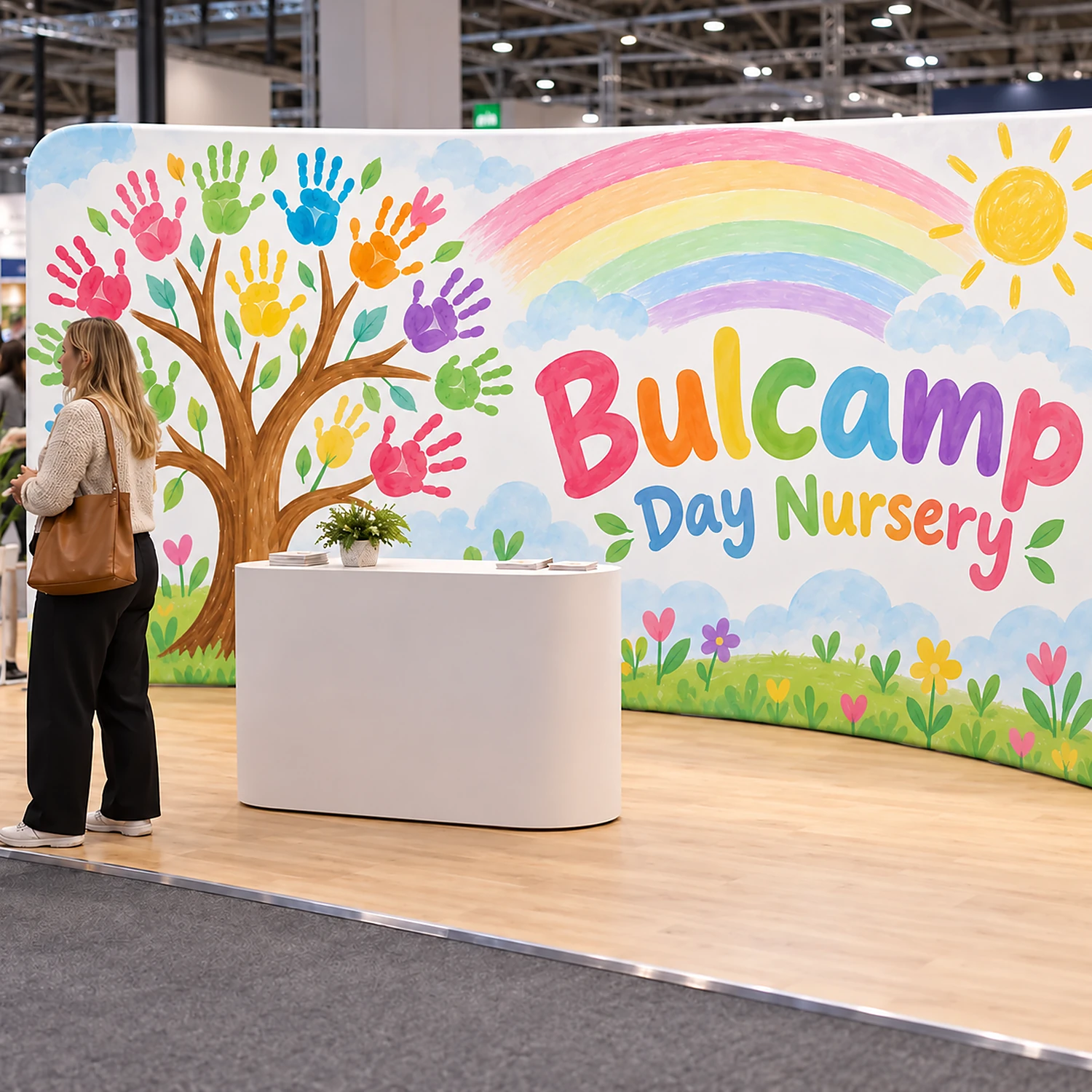 5m Curved Stretch Fabric Display Wall - Double-Sided, shown with example artwork