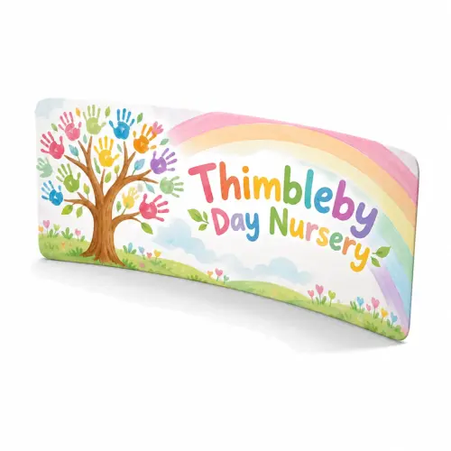 5m Curved Stretch Fabric Display Wall - Double-Sided, shown with example artwork