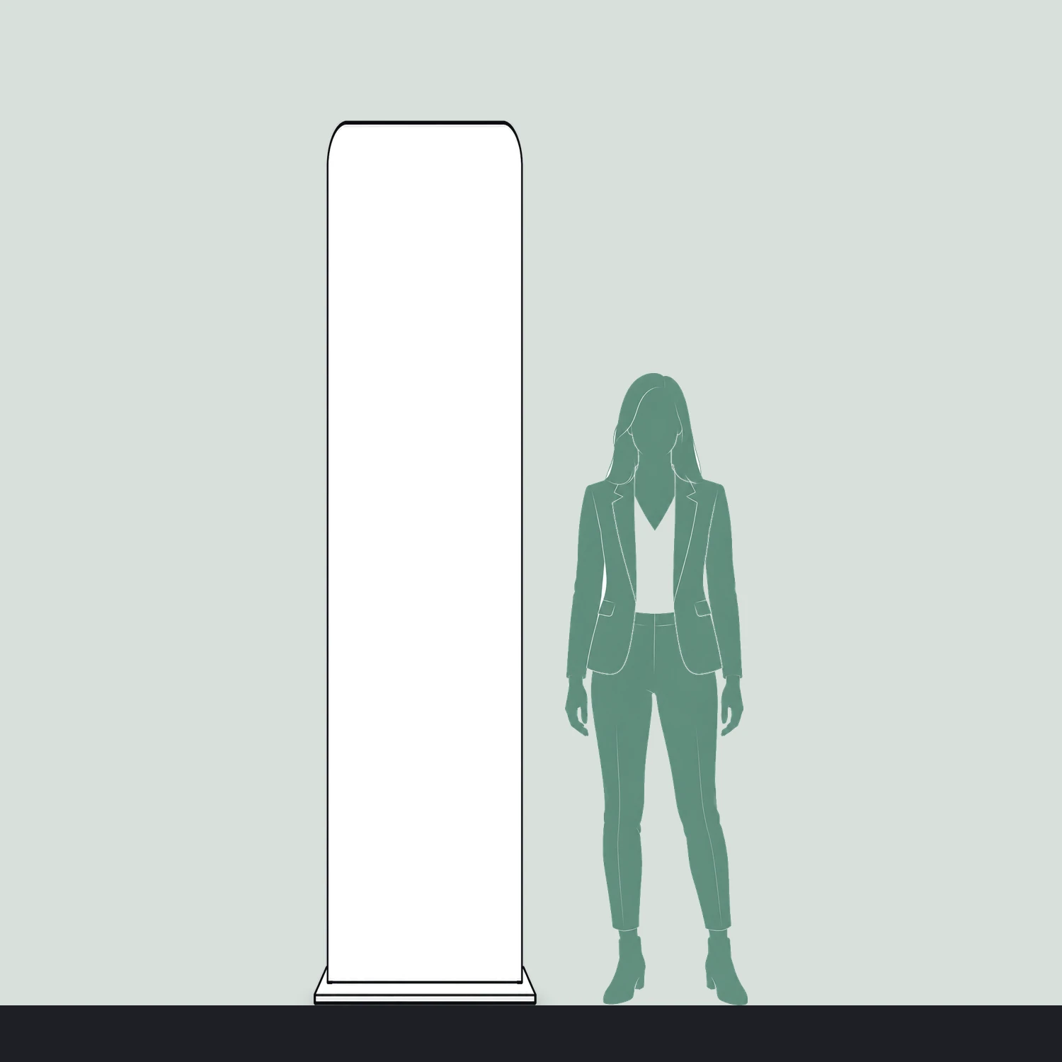 600mm Formulate Monolith Fabric Display Totem size compared with a person
