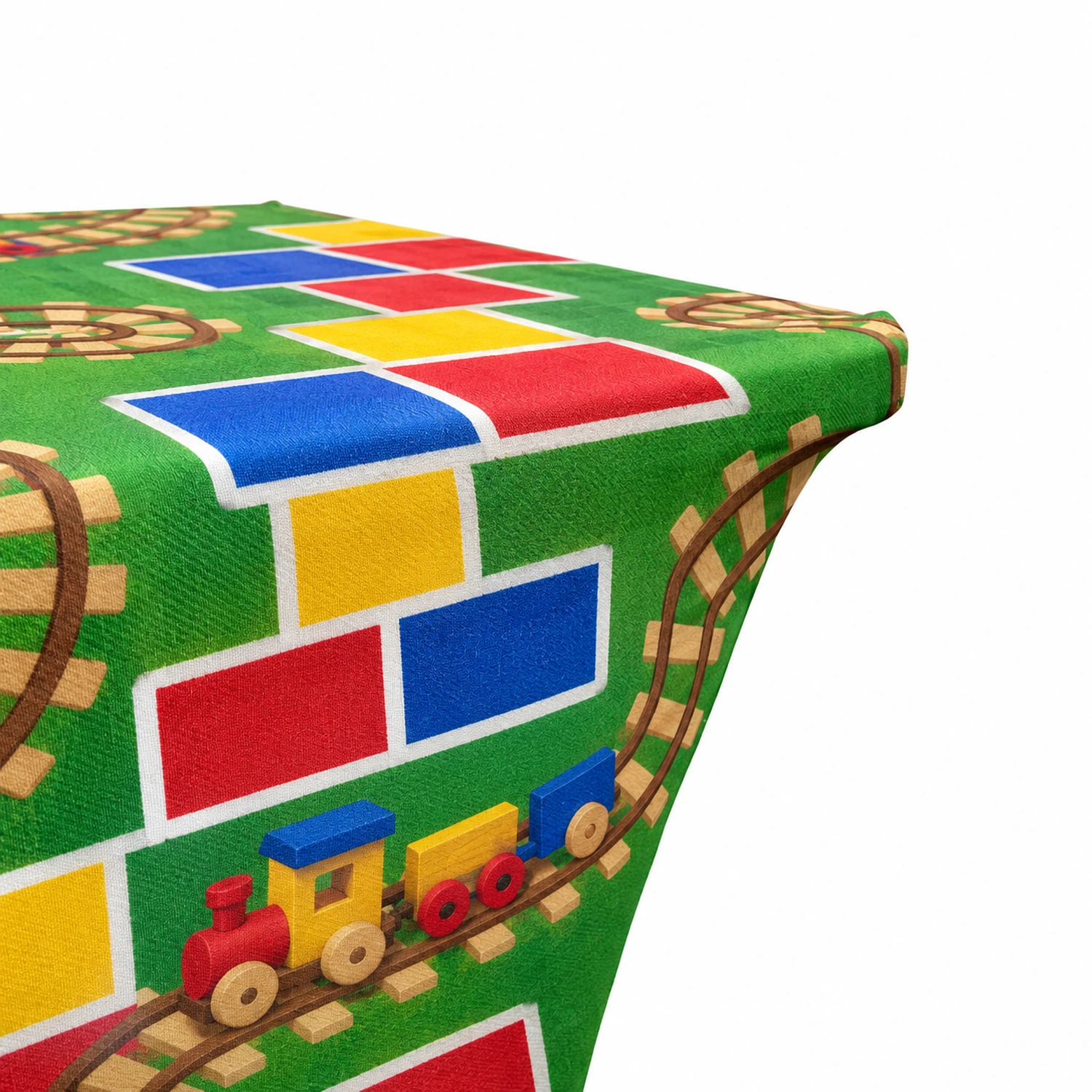 6ft Trestle Table with Printed Stretch Tablecloth detail