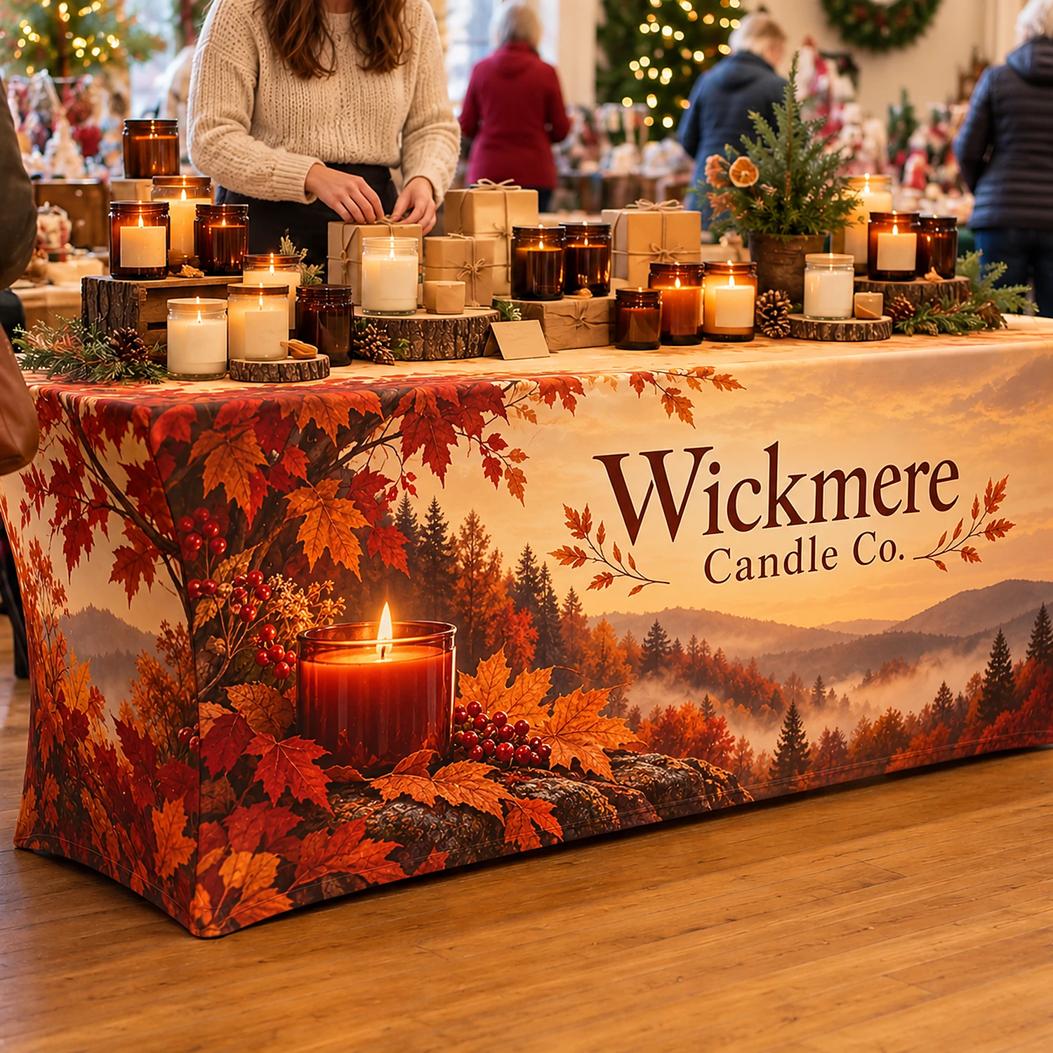6ft Trestle Table with Printed Stretch Tablecloth - Fully Enclosed, shown with example artwork