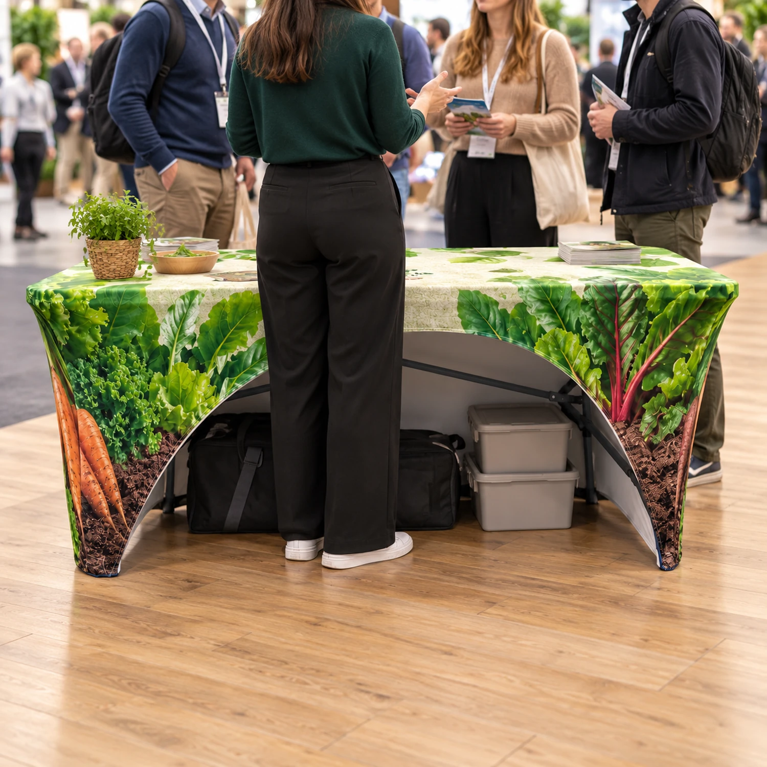 6ft Trestle Table with Printed Stretch Tablecloth - Open Back in use at an event