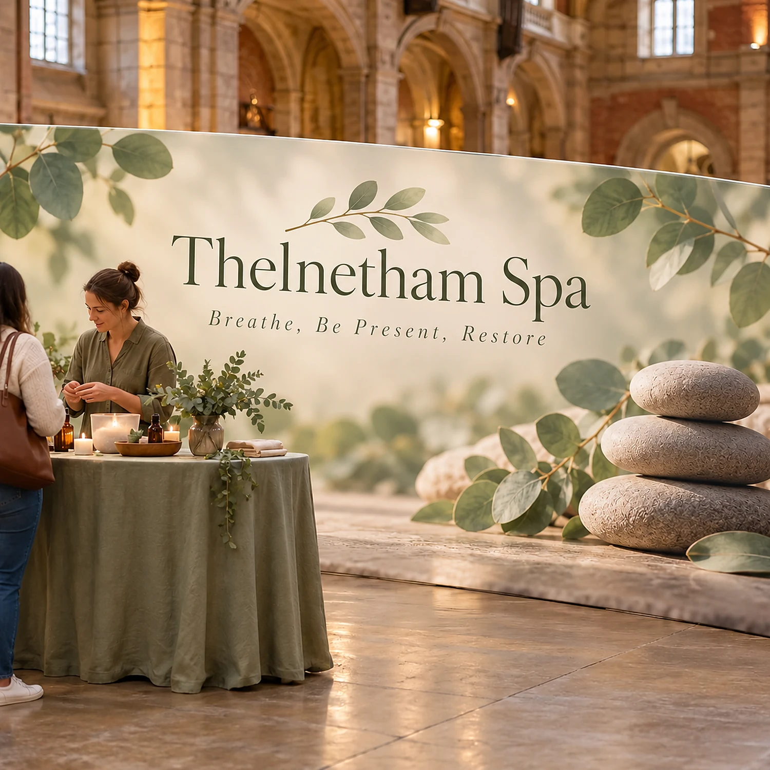 6m Curved Stretch Fabric Display Wall - Double-Sided, shown with example artwork