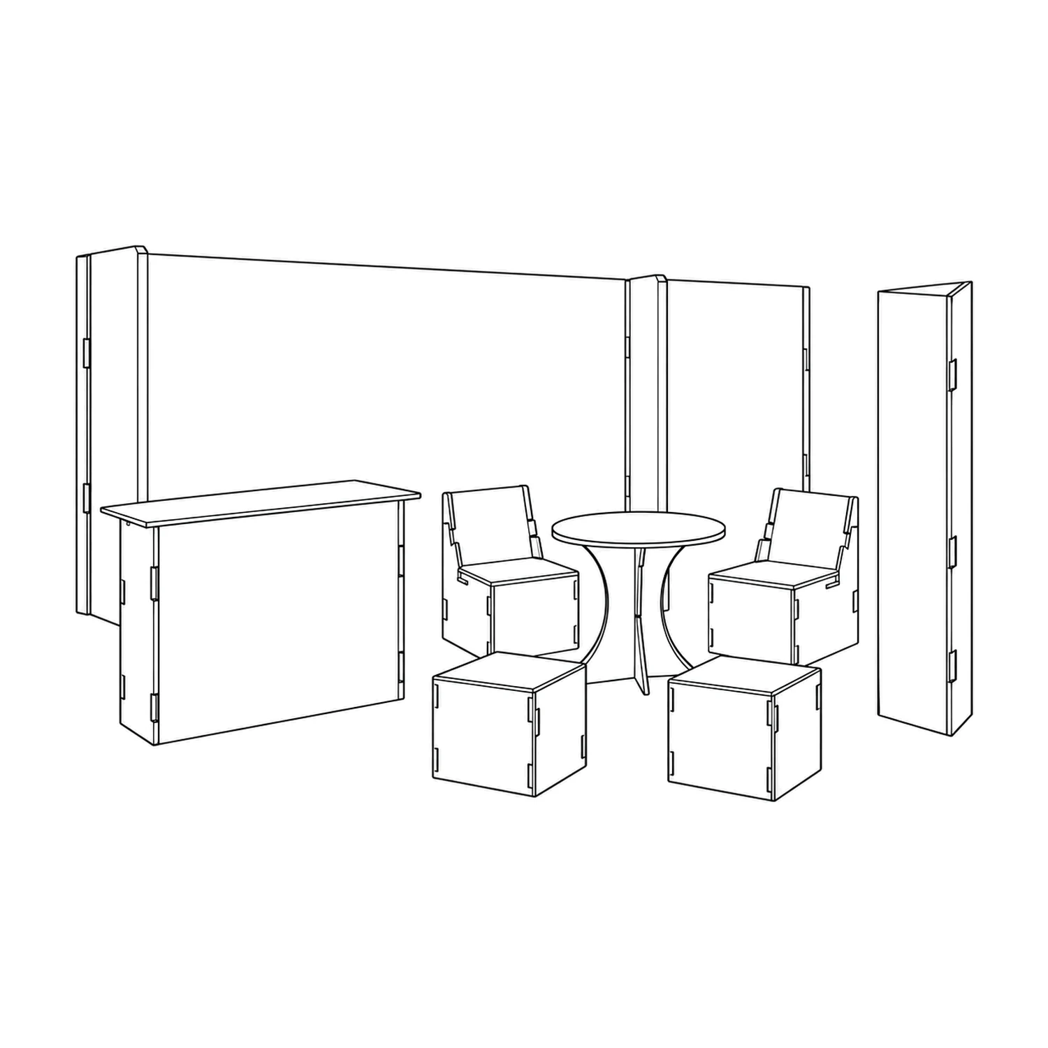 Line drawing of the 6m x 3m Cardboard Lounge Stand Kit - 5.85m Back Wall, Counter, Round Table, Seating & Triangle Totem showing its panels and construction