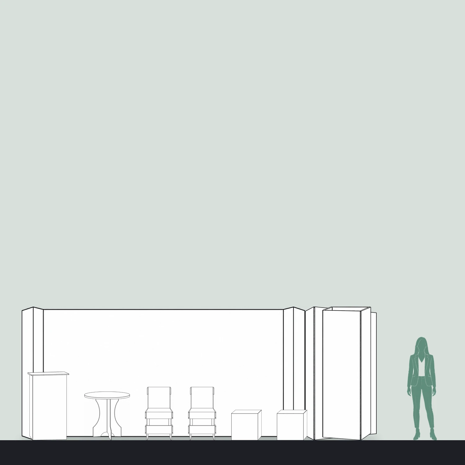 6m x 3m Cardboard Lounge Stand Kit - 5.85m Back Wall, Counter, Round Table, Seating & Triangle Totem shown to scale next to a 1.7m tall person