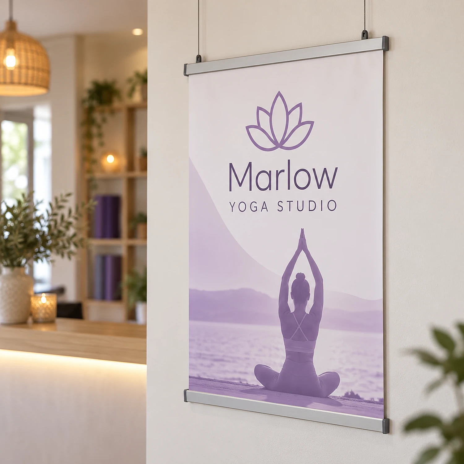 800mm poster hanging rail set holding a poster in a yoga studio reception