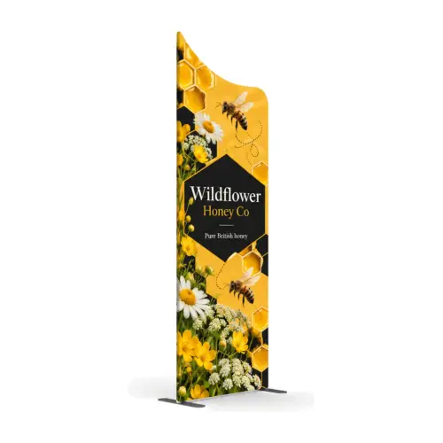818mm x 2.3m Modulate Sloped Fabric Wall, Style 1 with example artwork