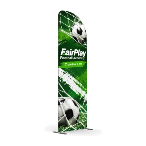 818mm x 2.4m Modulate Sloped Fabric Wall, Style 2 with example artwork