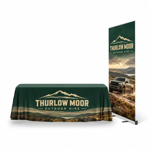 850mm Expovision Roller Banner & 1780mm x 2780mm Tablecloth Bundle, shown with example artwork
